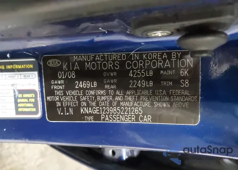 2008 Kia Optima Lx из США, поврежденный, VIN KNAGE123985221265